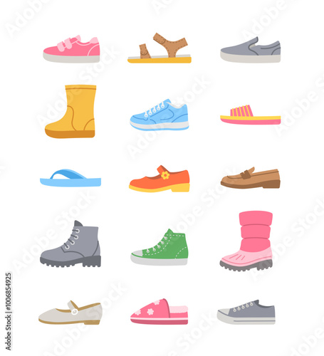 Kids shoes collection. Basic types of footwear for children. Sneakers, sandals, boots, ballet flats, loafers, slippers. Simple color flat icons for kids clothing shop. Side view pictograms, isolated