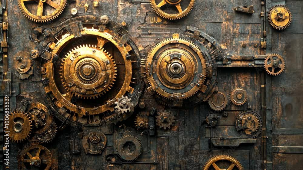A close-up of intricate gold gears and mechanisms attached to a dark metal surface A close-up of intricate gold gears and mechanisms attached to a dark metal surface