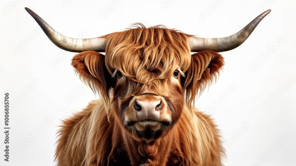 A close-up of a Highland cow with long, shaggy fur and prominent horns against a white background. A close-up of a Highland cow with long, shaggy fur and prominent horns against a white background.