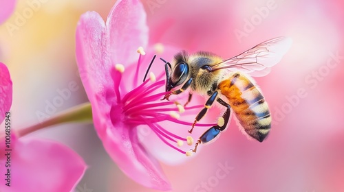 Macro of honey bee on pink Carambola flower, 