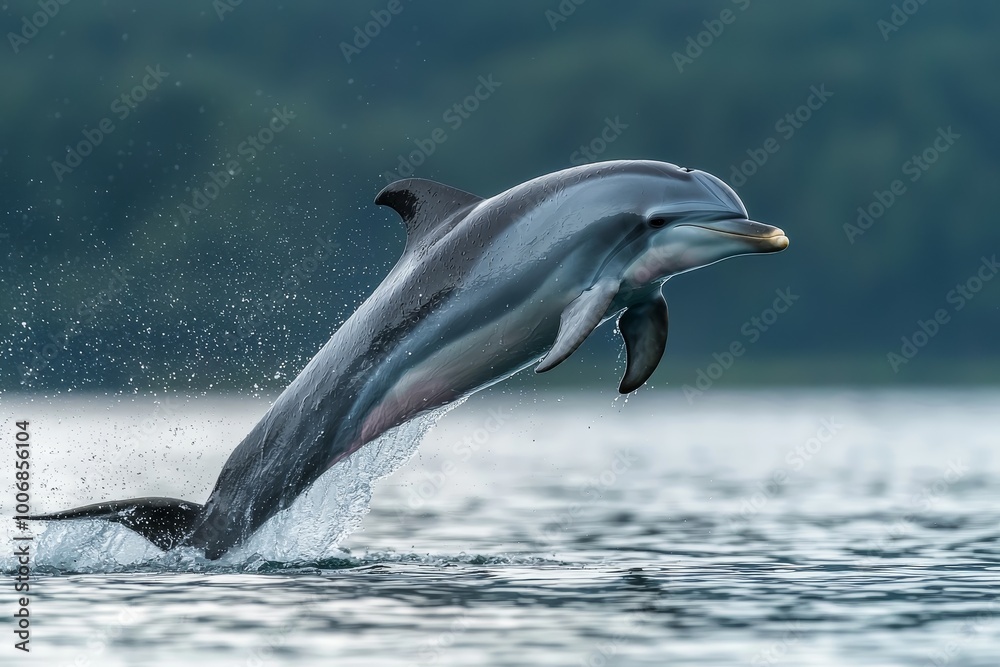 Obraz premium Graceful Dolphin Leaping in Serene Seas - Closeup Encounter of Marine Majesty Tranquil Aquatic Wildlife Elegance for Nature Lovers