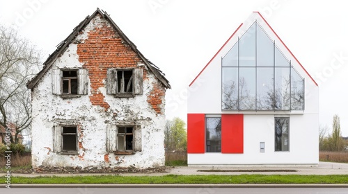 An exterior of a worn-out house with faded siding and broken shutters before renovation, next to a bright, modern home with sharp angles and a polished glass facade. photo