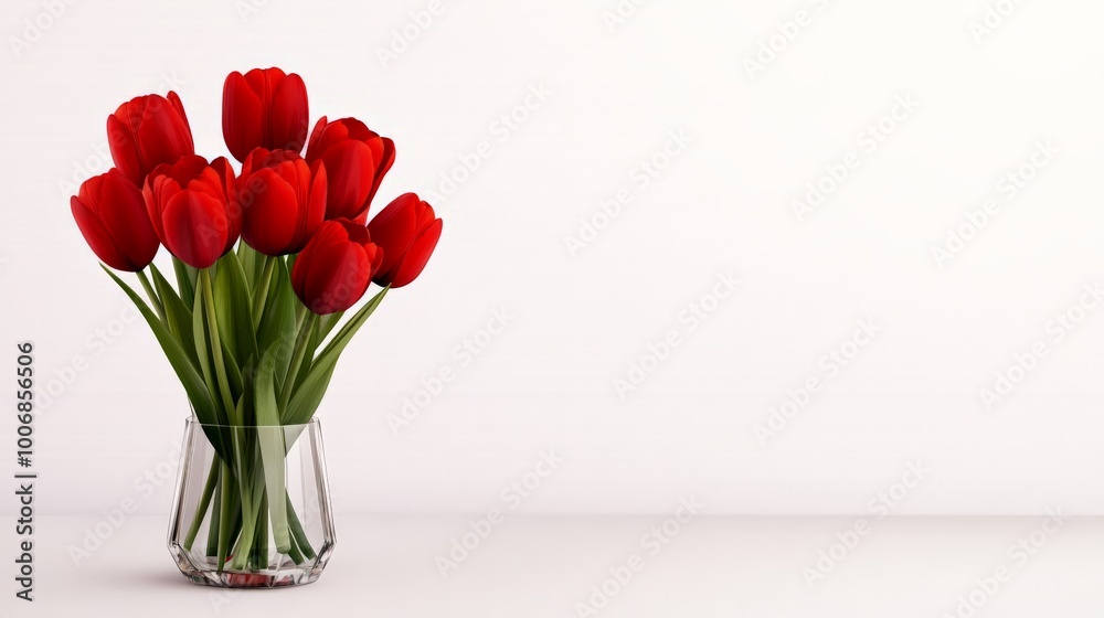 Red Tulips in Glass Vase: A simple yet elegant bouquet of red tulips in a clear glass vase stands against a clean, minimalist backdrop. Red Tulips in Glass Vase: A simple yet elegant bouquet of red tulips in a clear glass vase stands against a clean, minimalist backdrop.