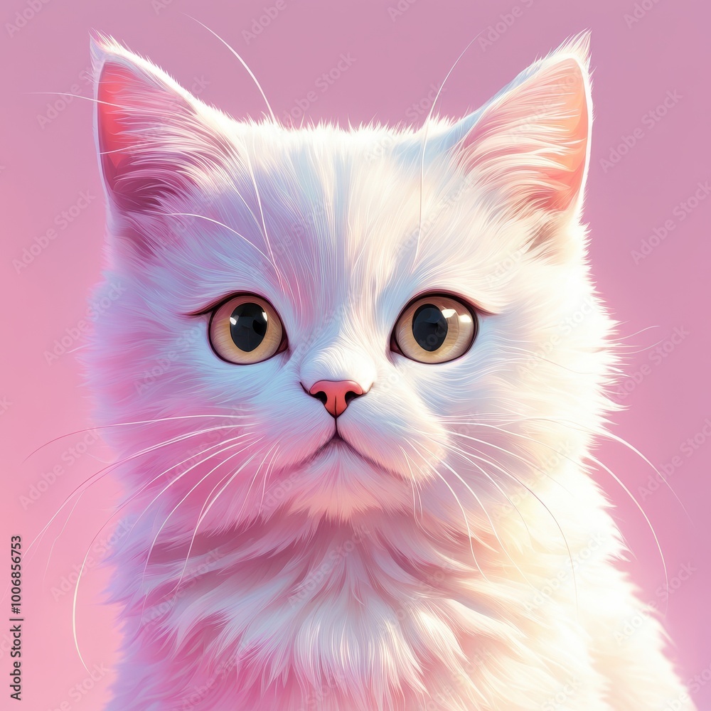 A close-up of a fluffy white cat with expressive eyes against a soft pink background. A close-up of a fluffy white cat with expressive eyes against a soft pink background.