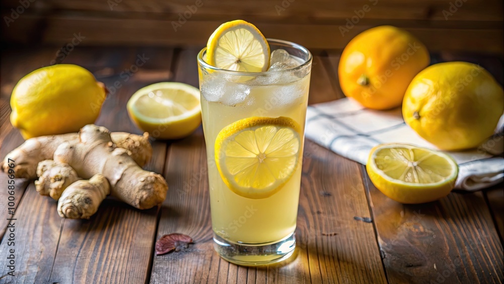 Refreshing lemonade with ginger and sliced lemons. Refreshing lemonade with ginger and sliced lemons.