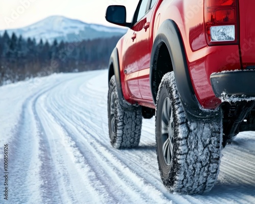 Dynamic Close-up of Red Pickup Truck's Snow-Covered Tire on Wintery Road, Motion Blur and Tire Tracks in Snow - Winter Driving Concept
