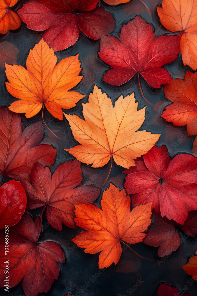 Obraz premium A close-up of vibrant red and orange maple leaves, floating gently on a pastel surface,
