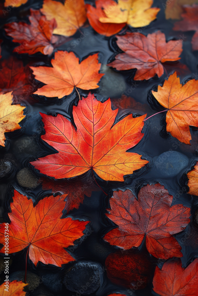 A close-up of vibrant red and orange maple leaves, floating gently on a pastel surface, A close-up of vibrant red and orange maple leaves, floating gently on a pastel surface,
