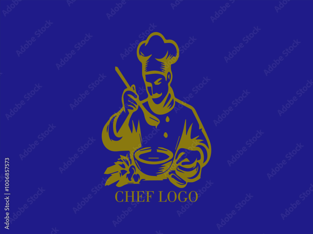 Cook, chef preparing a dish, logo design with blue background and yellow gold color image, restaurant and catering, design and vector illustration Cook, chef preparing a dish, logo design with blue background and yellow gold color image, restaurant and catering, design and vector illustration