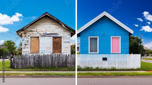 An old wooden house with a broken fence and faded exterior, shown before and after its transformation into a modern home with clean architecture and polished landscaping.