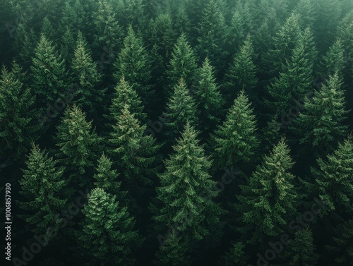 Symmetrical Aerial View of Serene Evergreen Forest Canopy in Shades of Green - Peaceful Nature Landscape for Environmental Conservation, Meditation, and Relaxation Concepts