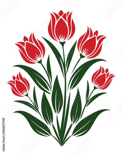 This simple tulip flower vector illustration features vibrant red petals and lush green leaves, perfect for floral designs and nature-themed projects.
