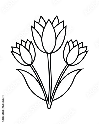 Simple tulip line art illustration with three flowers and leaves vector design
