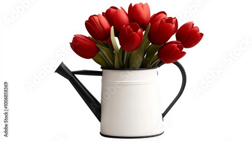 Red Tulips in White Watering Can: A charming bouquet of red tulips, arranged in a classic white watering can, evokes a sense of springtime beauty and rustic elegance.