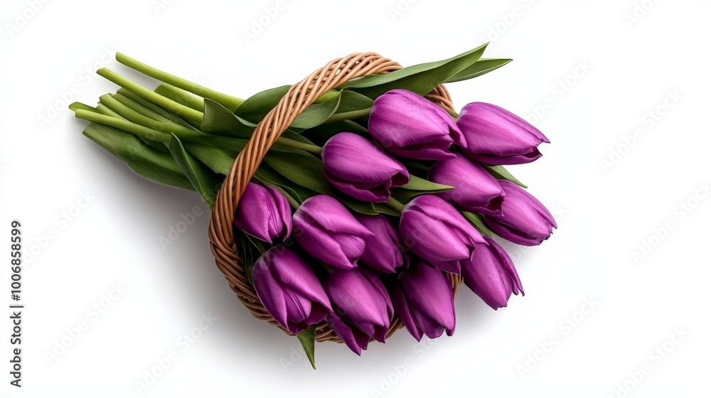 Purple Tulips in Basket: A vibrant bouquet of rich purple tulips nestled in a rustic woven basket, exuding elegance and springtime charm. Purple Tulips in Basket: A vibrant bouquet of rich purple tulips nestled in a rustic woven basket, exuding elegance and springtime charm.