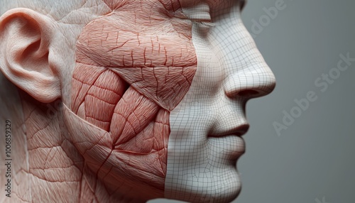 Detailed anatomical model displaying muscles of the human face on a neutral background. photo