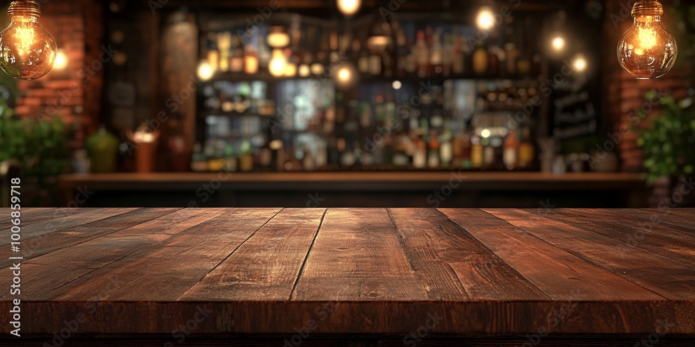 A rustic wooden bar counter illuminated by warm hanging lights, creating a cozy, inviting atmosphere perfect for bar designs, restaurants, or intimate social settings A rustic wooden bar counter illuminated by warm hanging lights, creating a cozy, inviting atmosphere perfect for bar designs, restaurants, or intimate social settings