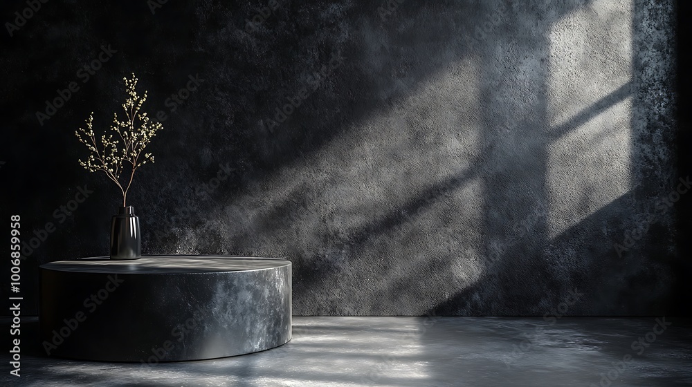 Obraz premium 3D background for the product. The studio with the table is empty. Black podium with dark concrete wall. Interior mockup with countertop and window shadow. 