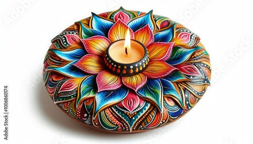 Vibrant, hand-painted diya with intricate patterns, glowing candle flame for Diwali celebration on a clean white background