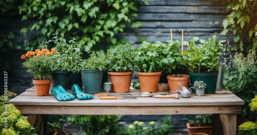 Lively garden potting table with fresh herbs and flowers Lively garden potting table with fresh herbs and flowers