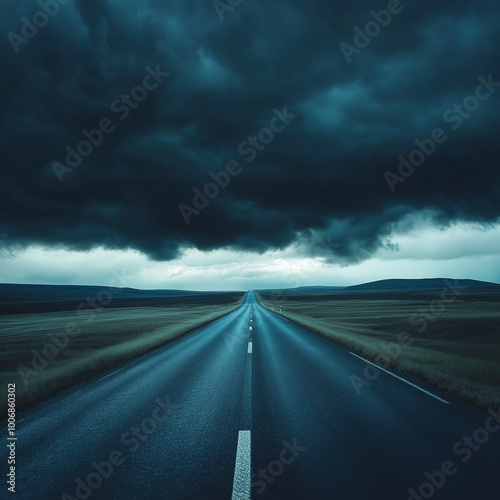 Driving on the road, A wide road with dark storm clouds overhead, leading to an unknown destination. The sky is filled with ominous black and gray hues, creating the perfect backdrop for adventure