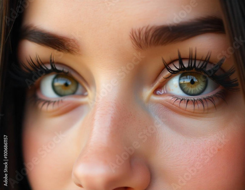 A close-up of a woman's eye with long eyelashes and a vibrant green iris