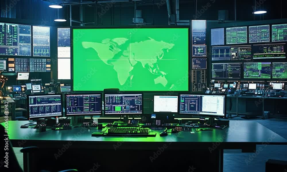green computer display with multiple monitors and computer screens in modern industrial plant green computer display with multiple monitors and computer screens in modern industrial plant