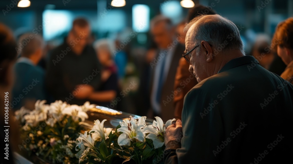 Family and friends gather to pay their respects around a casket decorated with white lilies. Individuals embrace while others bow their heads in solemn remembrance Family and friends gather to pay their respects around a casket decorated with white lilies. Individuals embrace while others bow their heads in solemn remembrance