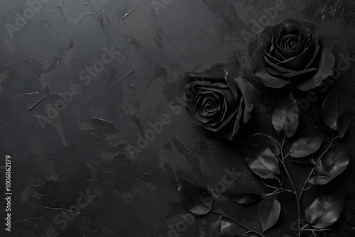 Fototapeta Naklejka Na Ścianę i Meble -  Artistic image featuring elegant black roses resting on a textured dark background, symbolizing mystery and beauty.