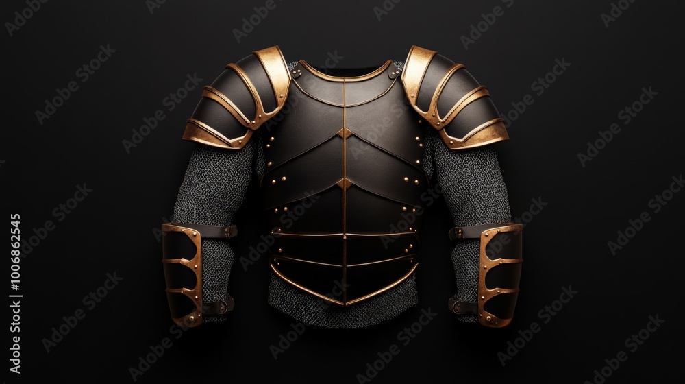 Black Knight Armor: A striking black and gold knight's armor, meticulously crafted with intricate detail, stands against a dark backdrop. The armor evokes a sense of power, protection.