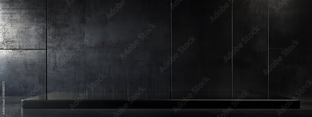3D background for the product. The studio with the table is empty. Black podium with dark concrete wall. Interior mockup with countertop and window shadow. 3D background for the product. The studio with the table is empty. Black podium with dark concrete wall. Interior mockup with countertop and window shadow.