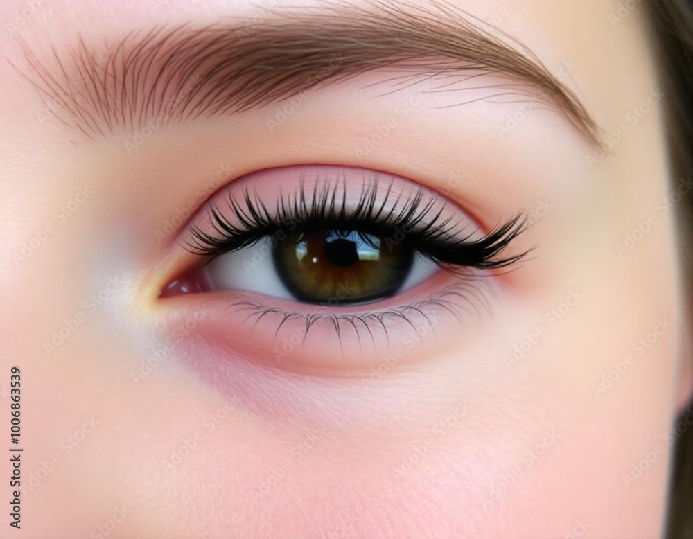 Obraz premium A close-up of a woman's eye with long eyelashes and a vibrant brown iris
