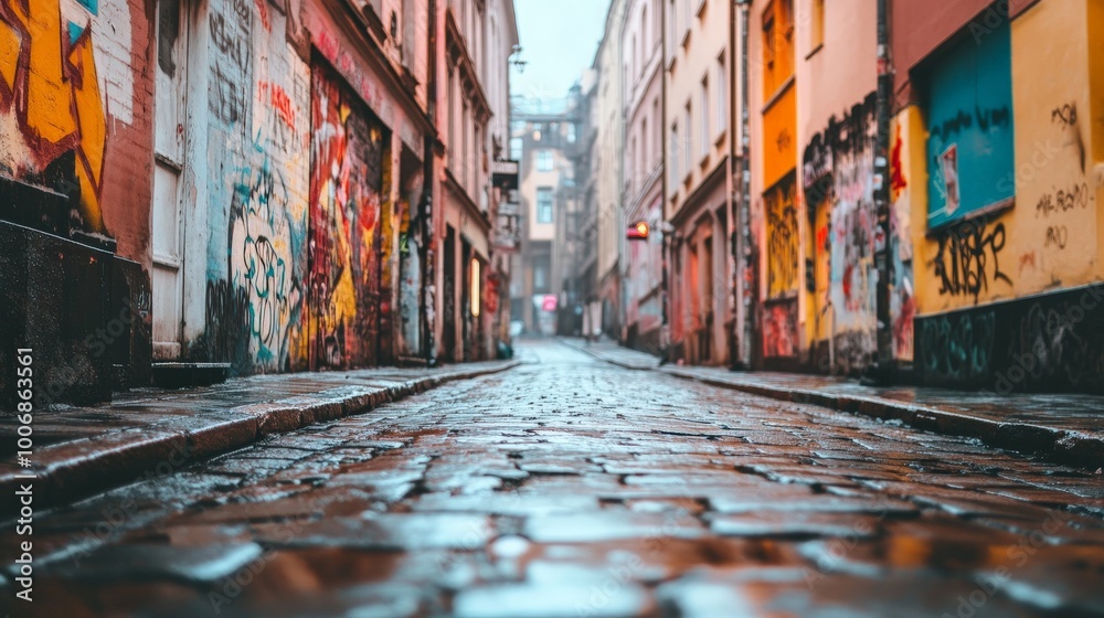 Fototapeta premium Vibrant Alley in the City: A Graffiti-Filled Urban Landscape