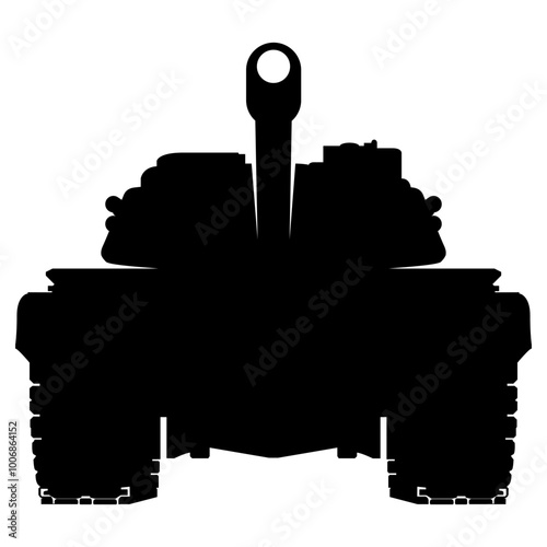 Main battle tank front view silhouette. Coloring Page. Ukraine army. War conflict. Realistic Military vehicle. Vector illustration isolated on white background.