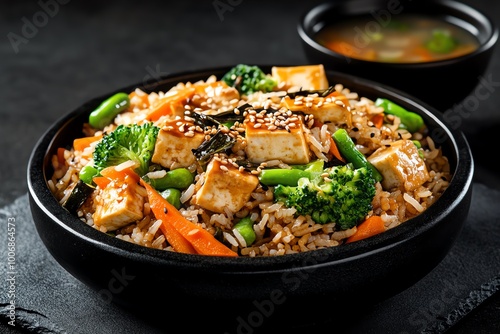 A healthy vegetarian rice dish featuring mixed vegetables, tofu, and a light soy sauce dressing, garnished with sesame seeds and served with a side of soup.