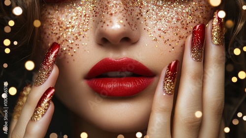 Glamorous close-up of red lips and glittery gold nails against a festive background, exuding luxury and celebration. Perfect for holiday beauty campaigns. photo