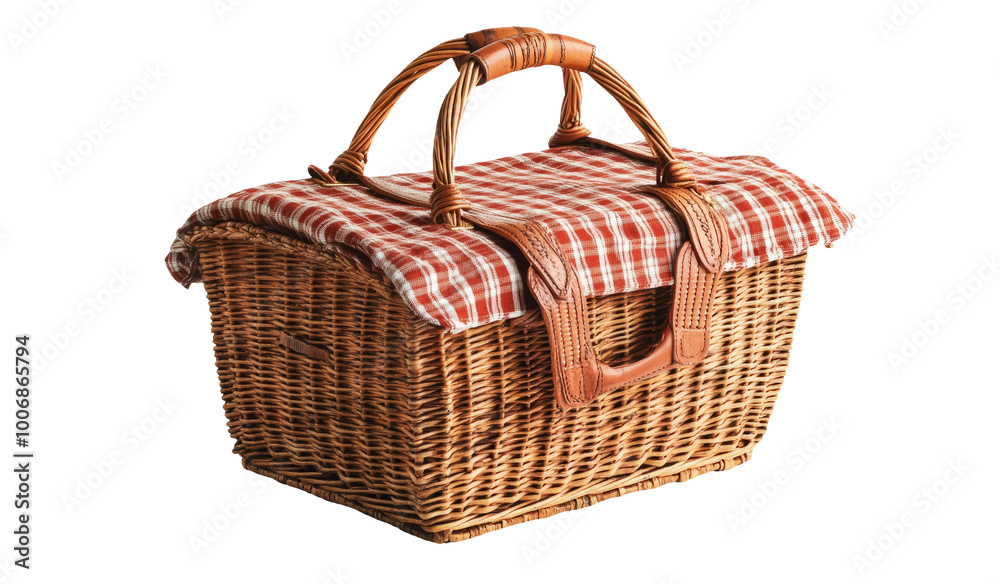 Rustic picnic basket with red checked lining Rustic picnic basket with red checked lining