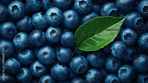 Fresh Blueberries with Green Leaves Close-Up. Heart-Healty concept, Heart-Check Certified Fruits. photo