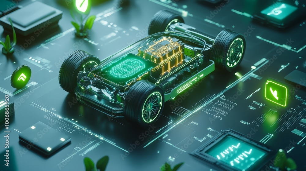 Fototapeta premium Futuristic Transparent Electric Car with Green Technology and Circuit Board Background