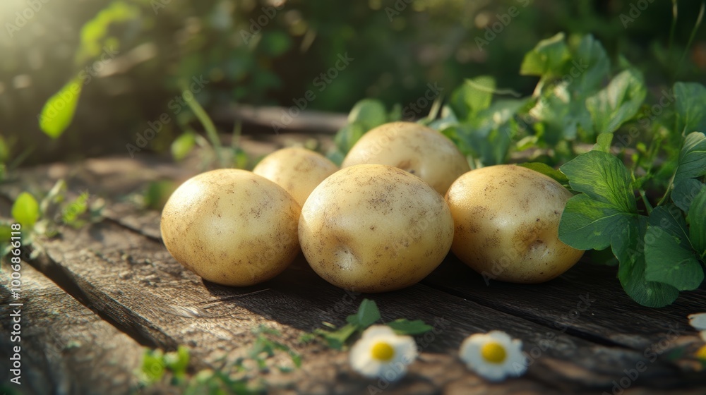 Man Putting Fresh Potatoes in a Woven Basket on Rustic Wooden Table