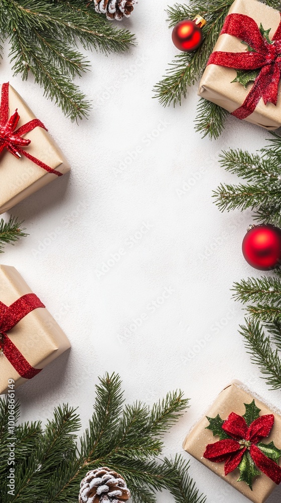 Festive Christmas frame with pine branches, red ornaments, and kraft paper gifts tied with vibrant ribbons on white background, perfect for holiday designs. Festive Christmas frame with pine branches, red ornaments, and kraft paper gifts tied with vibrant ribbons on white background, perfect for holiday designs.