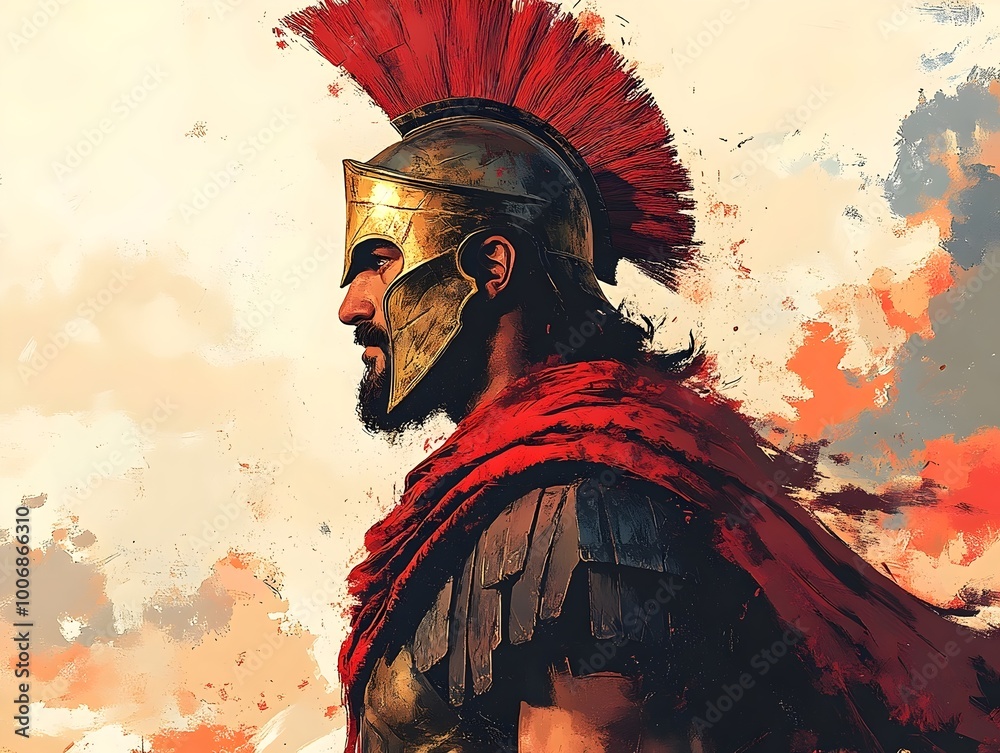 Fototapeta premium A powerful depiction of a Spartan warrior in full armor, with a red plume and a determined gaze. The painting's brushstrokes create a dynamic sense of action.