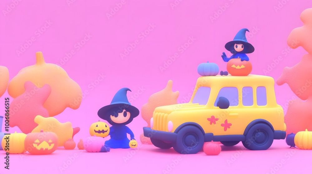 Two cartoon witches in blue and black with pumpkins around a cute yellow car. Two cartoon witches in blue and black with pumpkins around a cute yellow car.