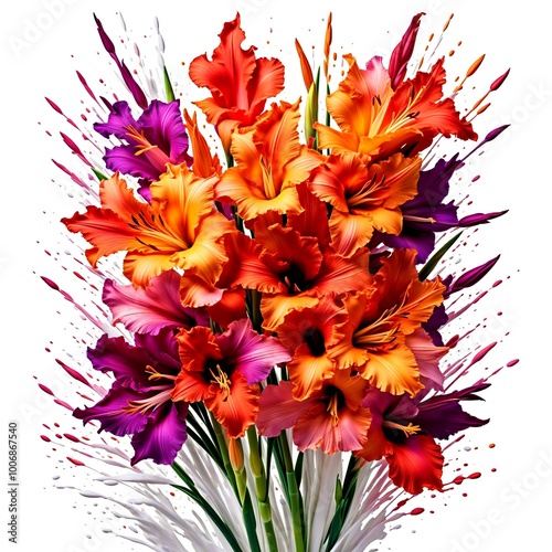 paint and flowers composition of flowers and artistic colorful splashes of liquid acrylic paint on white background