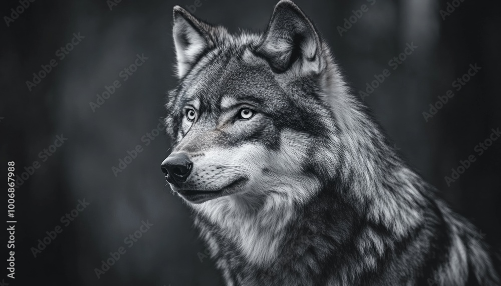 Fototapeta premium Monochrome Digital Illustration of a Wolf's Profile with Black Background