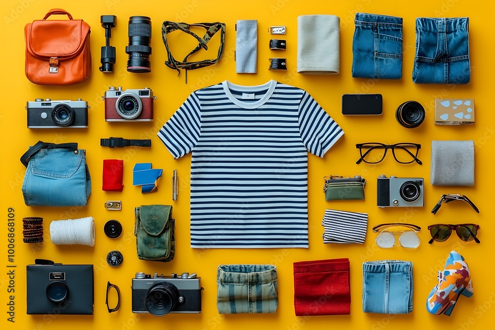 Fototapeta premium Vibrant Flat Lay of Casual Fashion Items with Retro and Accessories