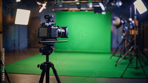 professional photography setup featuring camera on tripod, surrounded by studio lights and vibrant green screen backdrop. This setup is ideal for creating dynamic visual content