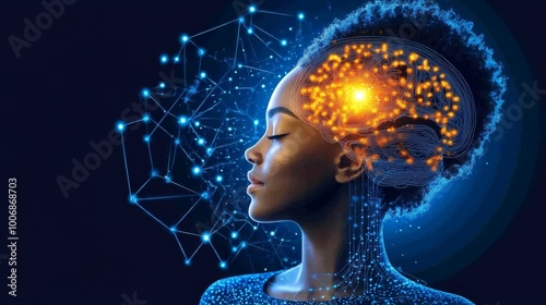 Woman with glowing brain AI futuristic technology digital network neural connection concept