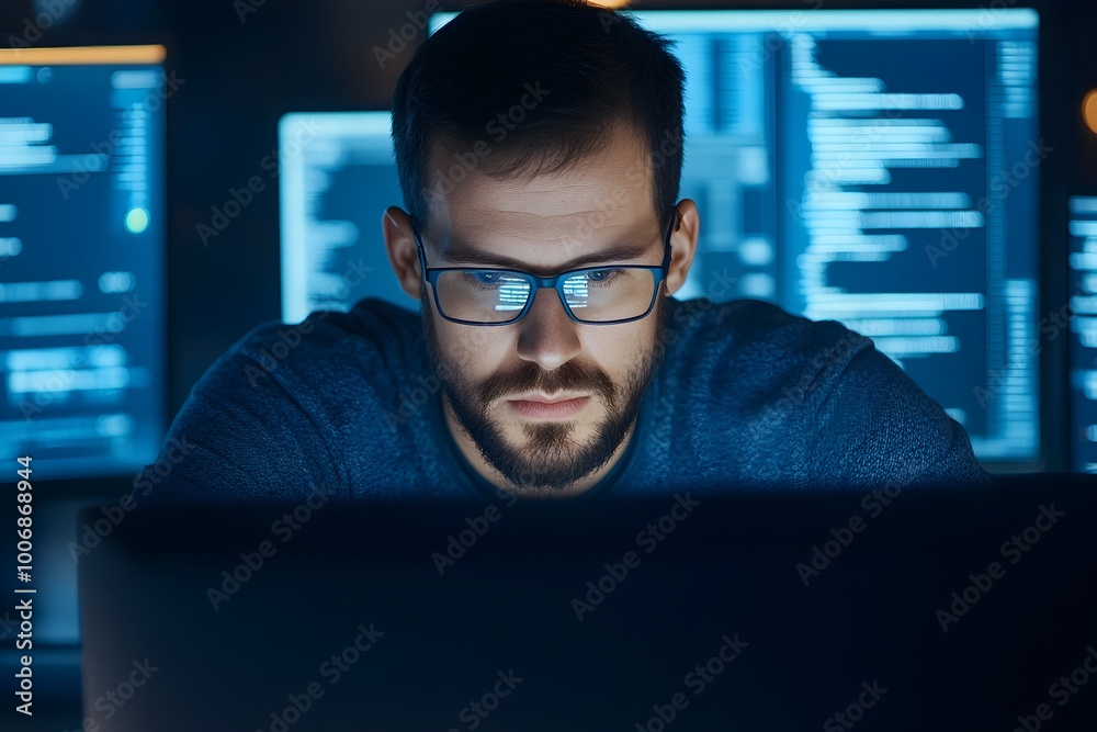 Closeup of a focused cybersecurity analyst intensely monitoring a computer screen in a sleek modern office setting They are using a keyboard and mouse Closeup of a focused cybersecurity analyst intensely monitoring a computer screen in a sleek modern office setting They are using a keyboard and mouse