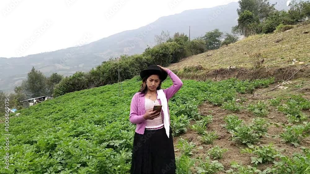 Video de una feliz y bonita campesina con un sombrero hablando por un teléfono celular en los Andes peruanos. Mujer usando teléfono móvil